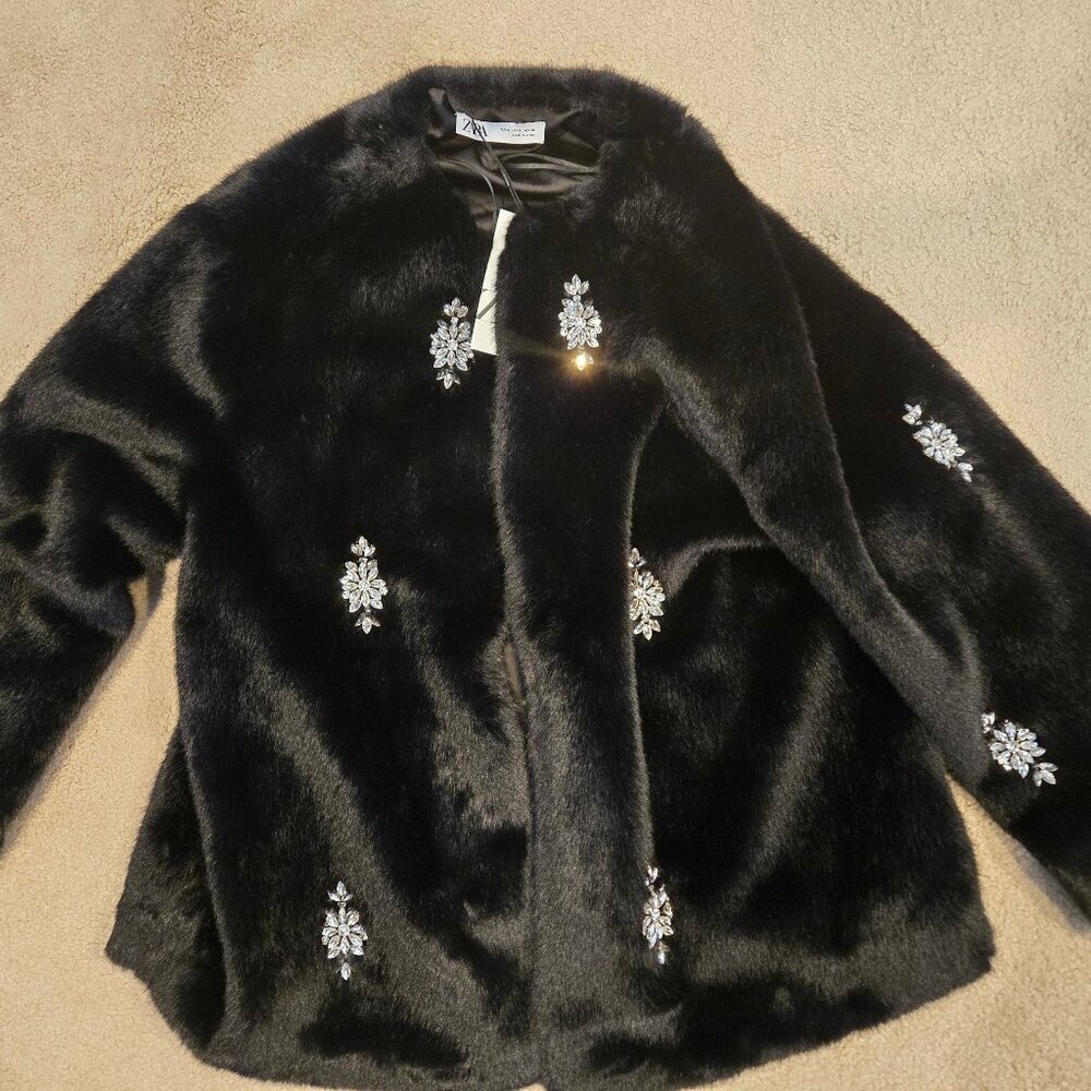 Zara NWT Black Crystal Embellished Fur Coat M